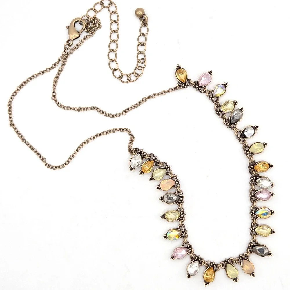 Brass Tone Multi Color‎ Crystal Teardrop Fringe Adjustable Necklace